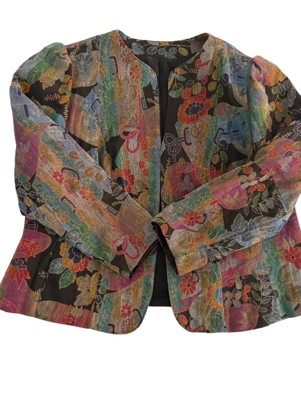 Vintage Womens Collarless Open-front Tapestry Jacket Blazer Size L/XL Multicolor